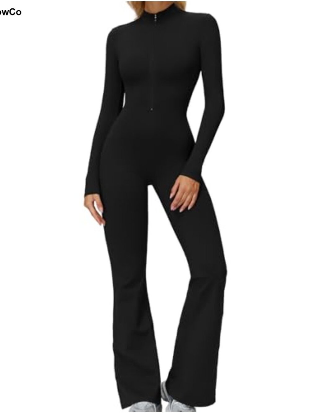 Women Fleece Lined Flare Jumpsuit Zip Up Long Sleeve Athletic Romper Workout